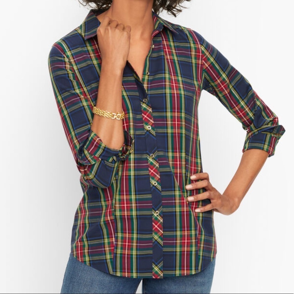 Talbots perfect shirt button up long sleeve plaid tartan navy red petite 4 new